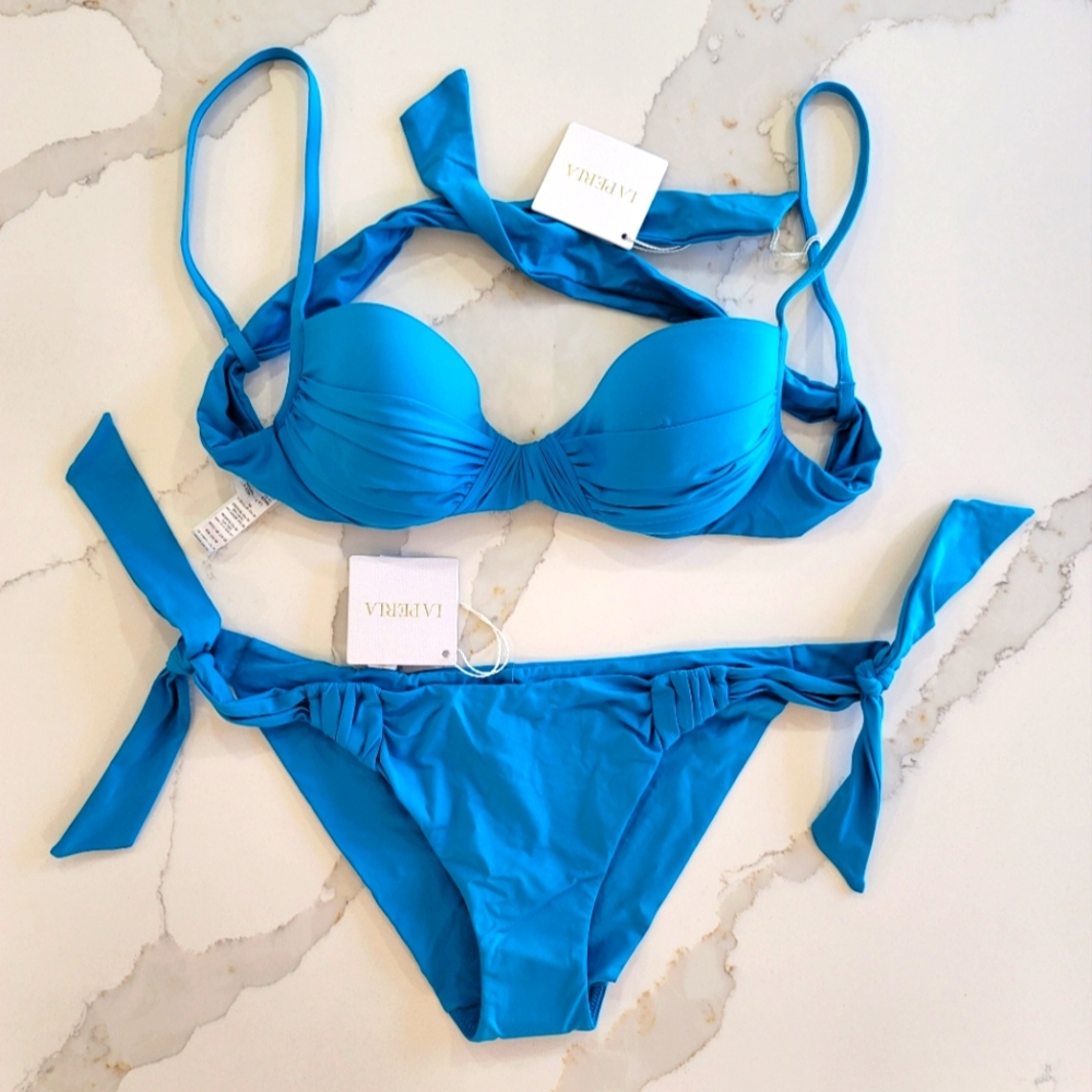 LA PERLA Turquoise Balconette Bra Tie Bikini Set
